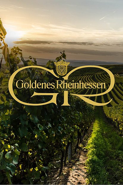 Logo Goldenes Rheinhessen mit Hintergrund Weinberg